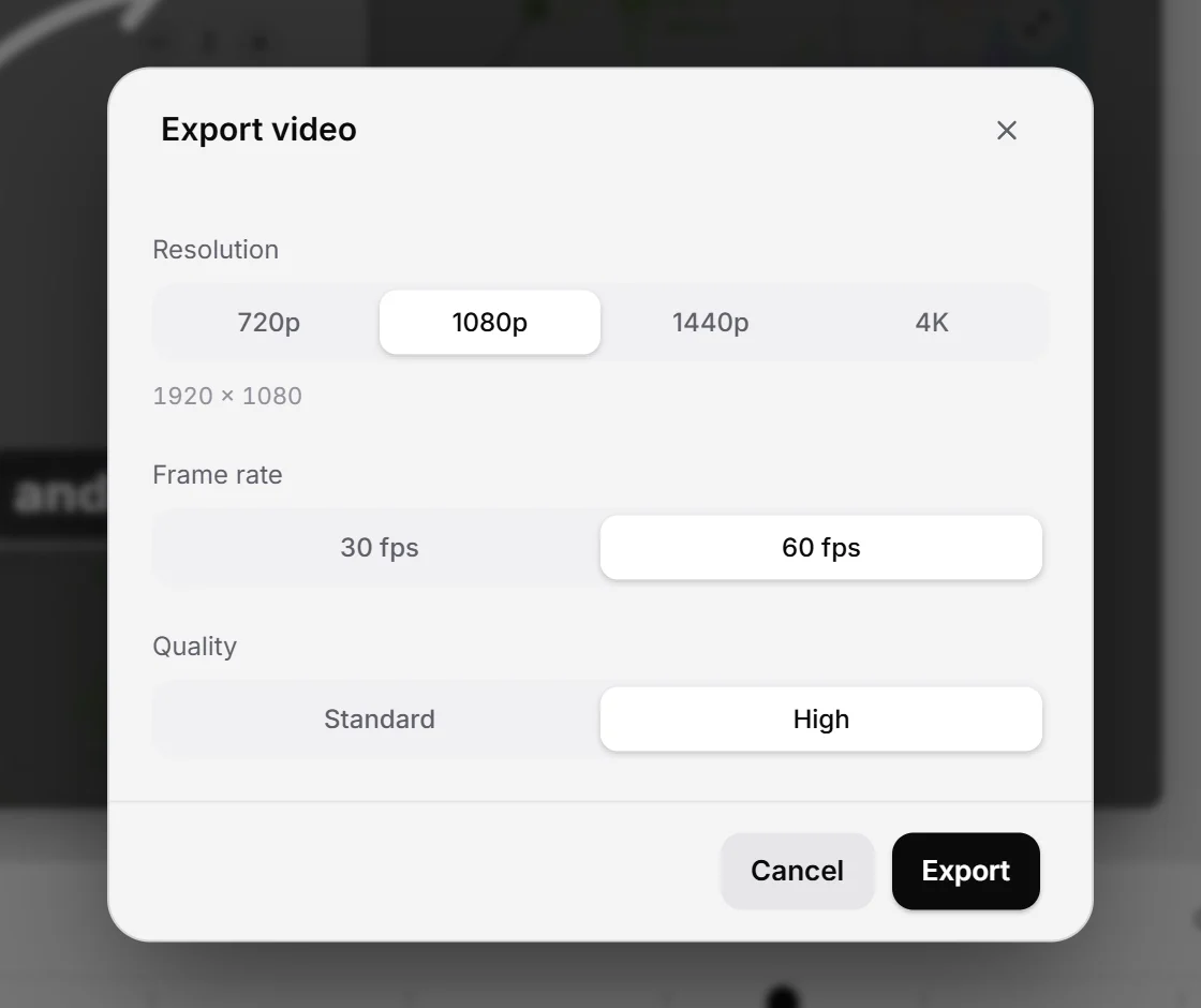 The Export video dialog: resolution, frame rate and quality.