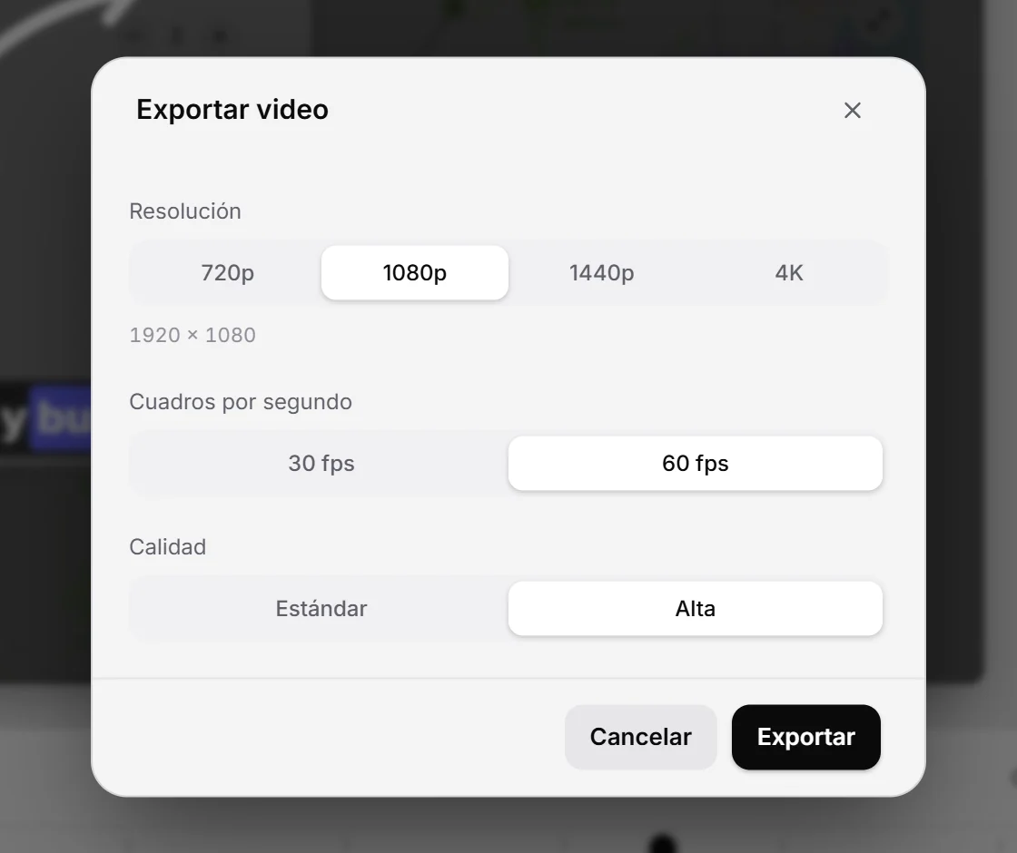 El diálogo Exportar video: resolución, cuadros por segundo y calidad.