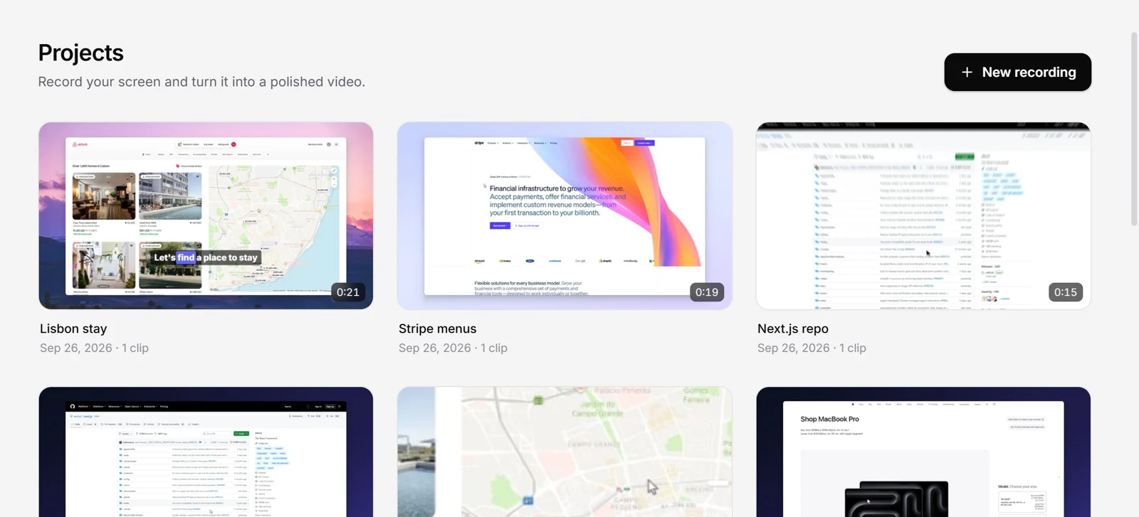 The OnScreen project library with the New recording button.