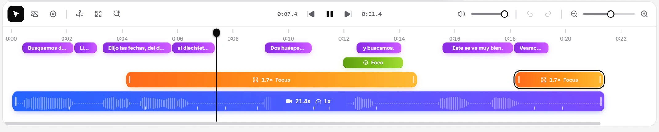 La línea de tiempo de OnScreen con las líneas de subtítulos, los zooms y la onda de audio dentro del clip.